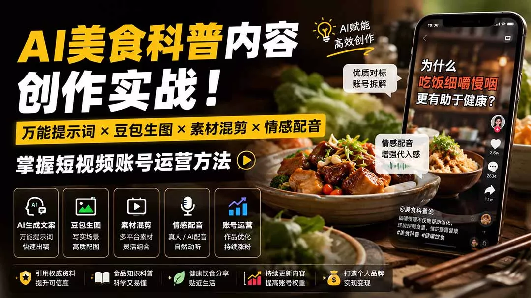 外面卖199元-AI美食科普内容创作实战！万能提示词×豆包生图×素材混剪×情感配音，掌握短视频账号运营方法-2爱1学习资源网-伴学无忧