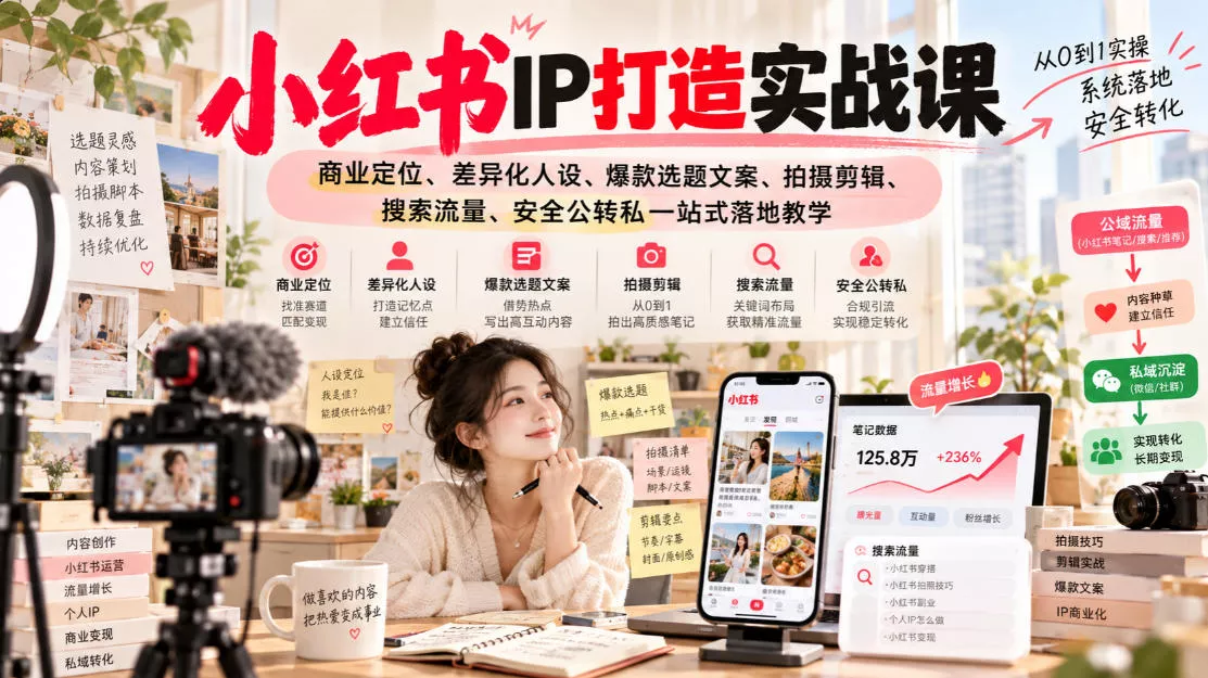 小红书ip打造实战课,商业定位、差异化人设、爆款选题文案、拍摄剪辑、搜索流量、安全公转私一站式落地教学-2爱1学习资源网-伴学无忧