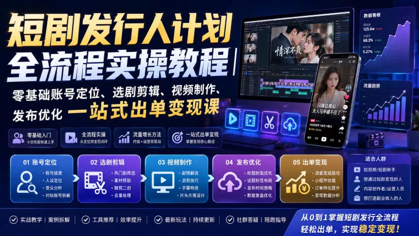 短剧发行人计划全流程实操教程｜零基础账号定位、选剧剪辑、视频制作、发布优化一站式出单变现课-2爱1学习资源网-伴学无忧