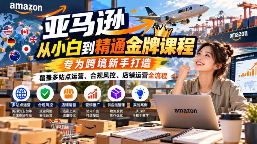 亚马逊从小白到精通金牌课程,专为跨境新手打造,覆盖多站点运营、合规风控、店铺运营全流程-2爱1学习资源网-伴学无忧