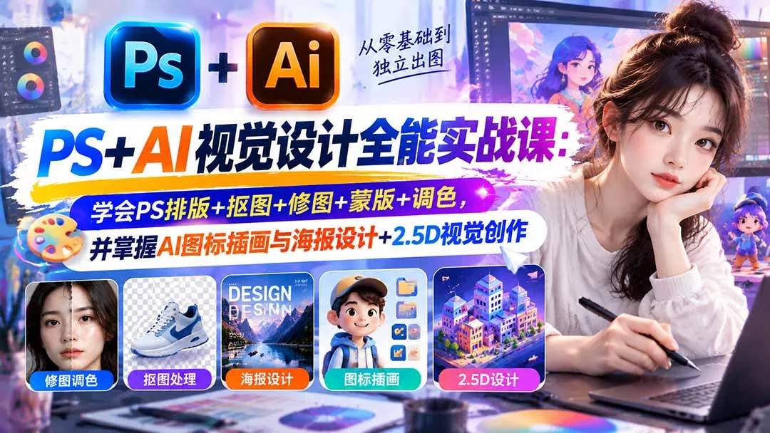 【无水印】PS+AI视觉设计全能实战课：学会PS排版+抠图+修图+蒙版+调色，并掌握AI图标插画与海报设计+2.5D视觉创作-2爱1学习资源网-伴学无忧