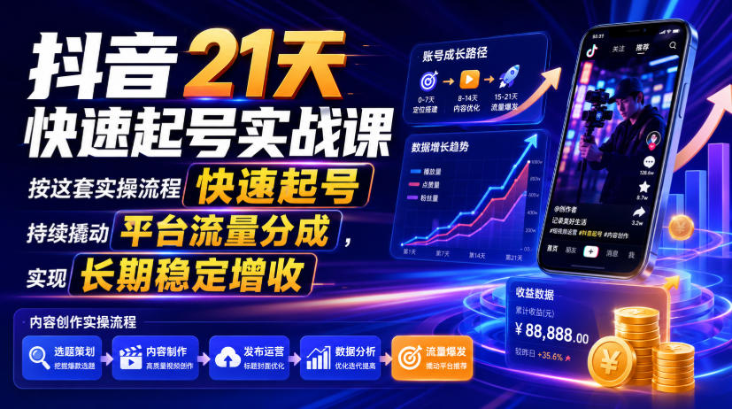 抖音21天快速起号实战课,按这套实操流程快速起号,持续撬动平台流量分成,实现长期稳定增收-2爱1学习资源网-伴学无忧
