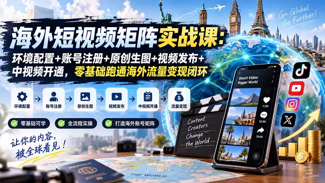海外短视频矩阵实战课：环境配置+账号注册+原创生图+视频发布+中视频开通，零基础跑通海外流量变现闭环