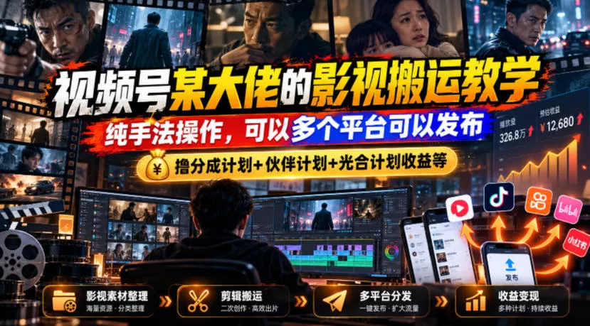 视频号某大佬的影视搬运教学，纯手法操作，可以多个平台可以发布，撸分成计划+伙伴计划+光合计划收益等