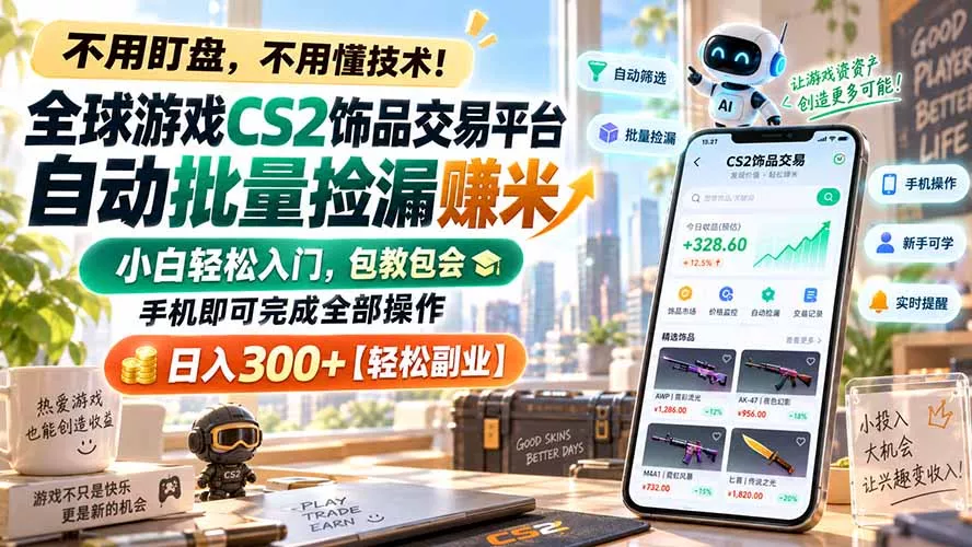 全球游戏CS2饰品交易平台自动批量捡漏赚米，小白轻松入门，包教包会，手机即可完成全部操作，日入300+【轻松副业】-2爱1学习资源网-伴学无忧