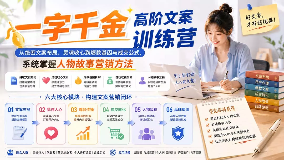一字千金高阶文案训练营：从绝密文案布局、灵魂收心到爆款基因与成交公式，系统掌握人物故事营销方法-2爱1学习资源网-伴学无忧