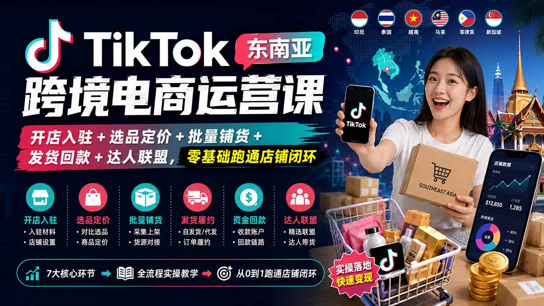TikTok东南亚跨境电商运营课：开店入驻+选品定价+批量铺货+发货回款+达人联盟，零基础跑通店铺闭环-2爱1学习资源网-伴学无忧