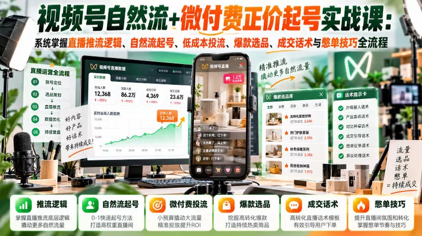 视频号自然流+微付费正价起号实战课:系统掌握直播推流逻辑、自然流起号、低成本投流、爆款选品、成交话术与憋单技巧全流程 视频号自然流+微付费正价起号实战课:系统掌握直播推流逻辑、自然流起号、低成本投流、爆款选品、成交话术与憋单技巧全流程