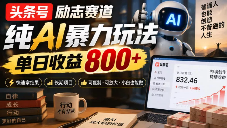 头条号励志赛道,纯AI暴力玩法,单日收益800+,快速拿结果,长期项目-2爱1学习资源网-伴学无忧