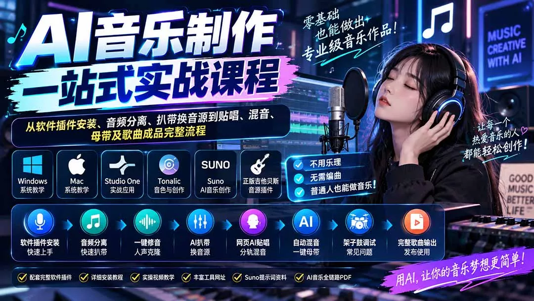 AI音乐制作一站式实战课程:从软件插件安装、音频分离、扒带换音源到贴唱、混音、母带及歌曲成品完整流程 AI音乐制作一站式实战课程:从软件插件安装、音频分离、扒带换音源到贴唱、混音、母带及歌曲成品完整流程