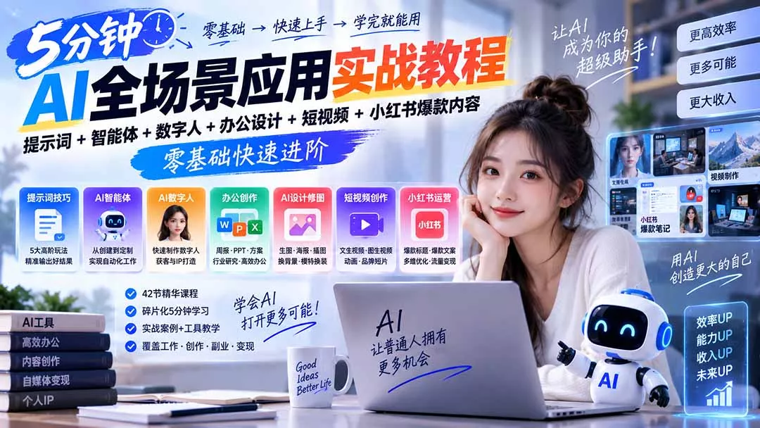AI全场景应用实战教程｜提示词+智能体+数字人+办公设计+短视频+小红书爆款内容，零基础快速进阶-2爱1学习资源网-伴学无忧