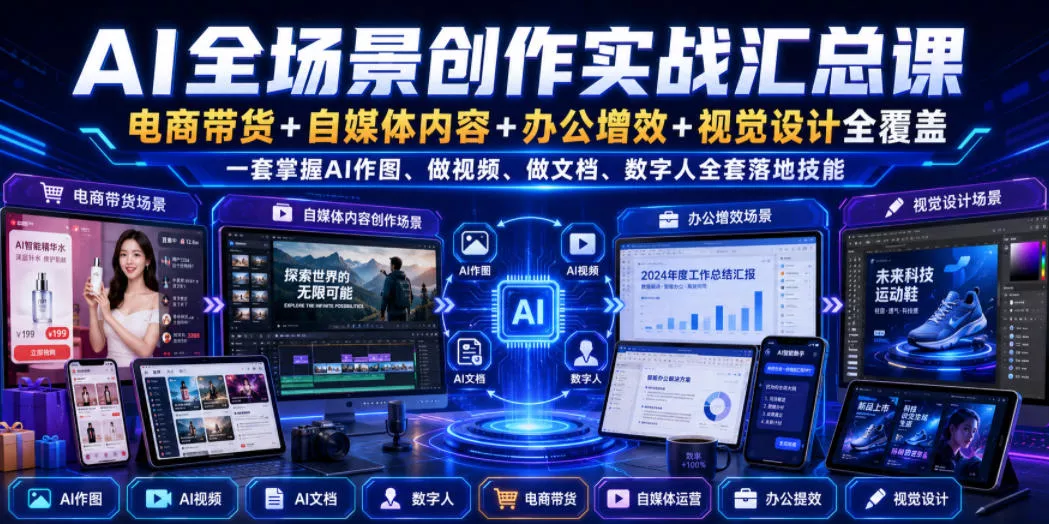 AI全场景创作实战汇总课｜电商带货+自媒体内容+办公增效+视觉设计全覆盖，一套掌握AI作图、做视频、做文档、数字人全套落地技能-2爱1学习资源网-伴学无忧