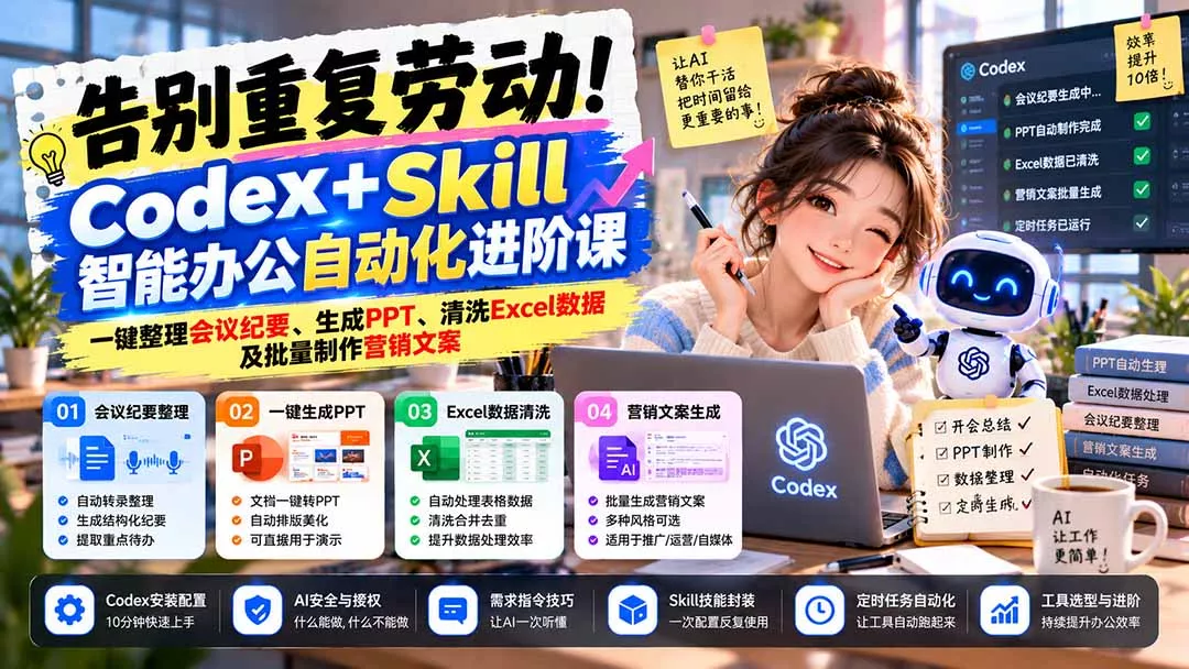 告别重复劳动！Codex+Skill智能办公自动化进阶课：一键整理会议纪要、生成PPT、清洗Excel数据及批量制作营销文案-2爱1学习资源网-伴学无忧