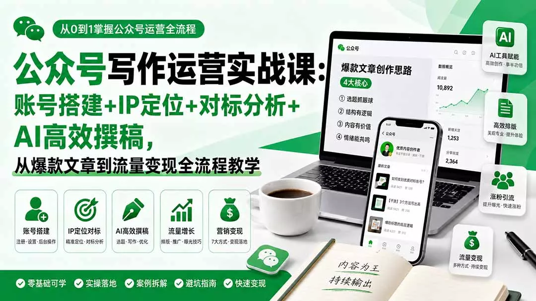 公众号写作运营实战课：账号搭建+IP定位+对标分析+AI高效撰稿，从爆款文章到流量变现全流程教学-2爱1学习资源网-伴学无忧