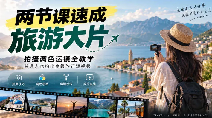 两节课速成旅游大片｜拍摄调色运镜全教学，普通人也拍出高级旅行短视频-2爱1学习资源网-伴学无忧