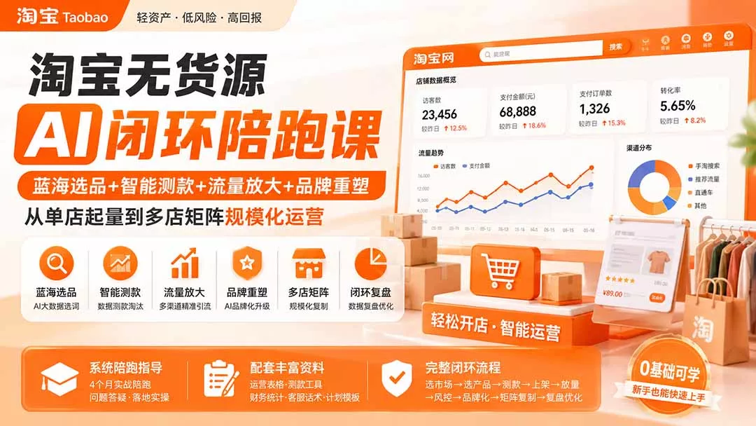 淘宝无货源AI闭环陪跑课：蓝海选品+智能测款+流量放大+品牌重塑，从单店起量到多店矩阵规模化运营-2爱1学习资源网-伴学无忧
