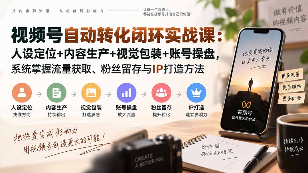视频号自动转化闭环实战课：人设定位+内容生产+视觉包装+账号操盘，系统掌握流量获取、粉丝留存与IP打造方法-2爱1学习资源网-伴学无忧