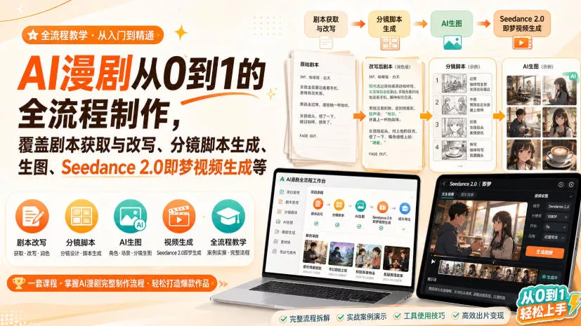 AI漫剧从0到1的全流程制作，覆盖剧本获取与改写、分镜脚本生成、角色场景生图与三视图、Seedance 2.0即梦视频生成(PDF版)-2爱1学习资源网-伴学无忧