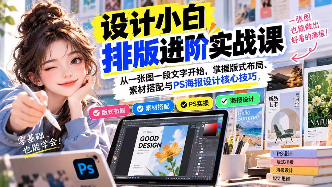 设计小白排版进阶实战课：从一张图一段文字开始，掌握版式布局、素材搭配与PS海报设计核心技巧-2爱1学习资源网-伴学无忧