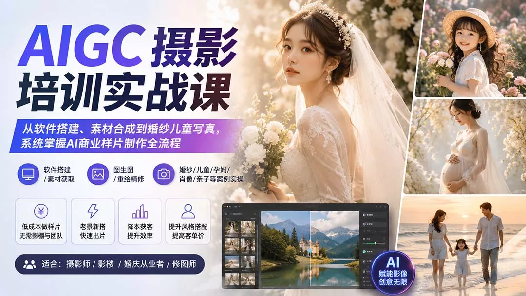 AIGC摄影培训实战课:从软件搭建、素材合成到婚纱儿童写真,系统掌握AI商业样片制作全流程-2爱1学习资源网-伴学无忧