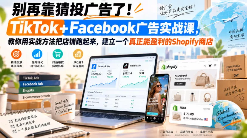 别再靠猜投广告了!TikTok+Facebook广告实战课,教你用实战方法把店铺跑起来,建立一个真正能盈利的Shopify商店【原创双语字幕】-2爱1学习资源网-伴学无忧