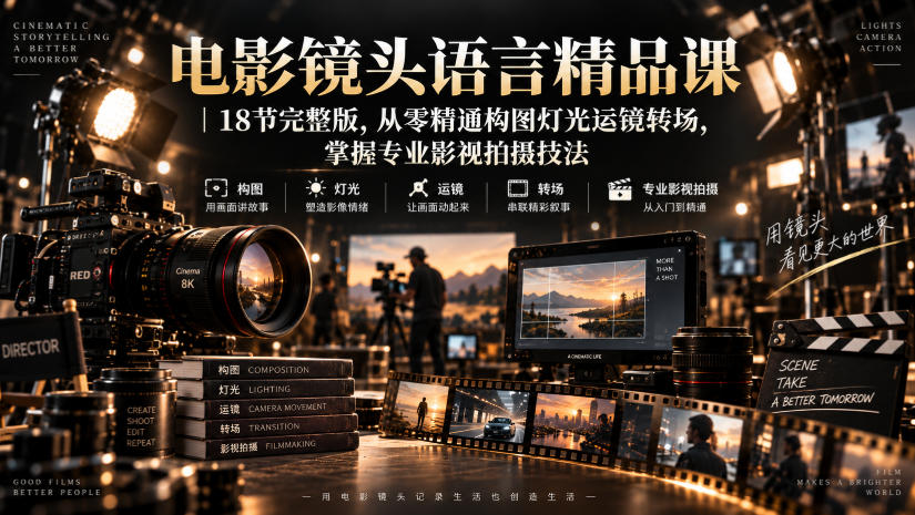 电影镜头语言精品课｜18节完整版，从零精通构图灯光运镜转场，掌握专业影视拍摄技法-2爱1学习资源网-伴学无忧