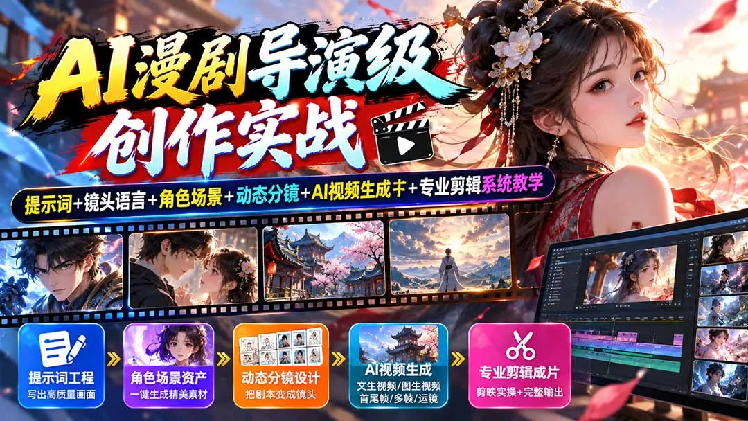 AI漫剧导演级创作实战：提示词+镜头语言+角色场景+动态分镜+AI视频生成+专业剪辑系统教学-2爱1学习资源网-伴学无忧