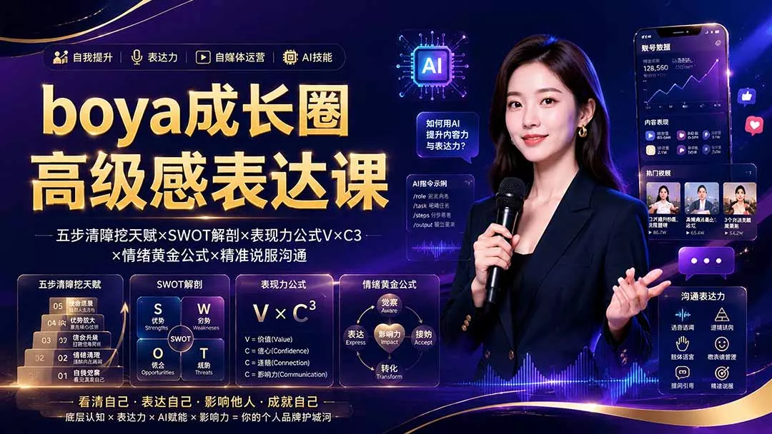 boya成长圈｜内心成长高级表达AI自媒体三合一，消解内耗挖掘天赋，镜头沟通AI指令短视频全流程教学-2爱1学习资源网-伴学无忧