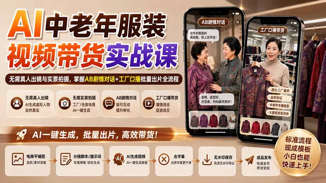 AI中老年服装视频带货实战课:无需真人出镜与实景拍摄,掌握AB剧情对话+工厂口播批量出片全流程-2爱1学习资源网-伴学无忧