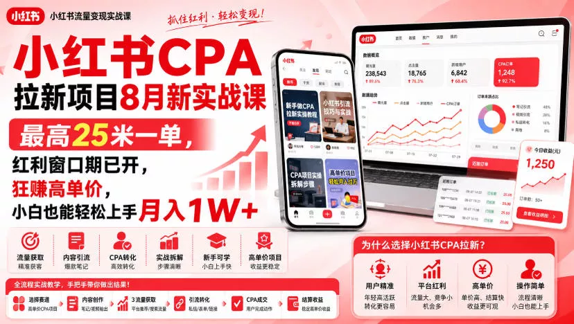 小红书CPA拉新项目8月新实战课，最高25米一单，红利窗口期已开，狂賺高单价，小白也能轻松上手月入1W+(更新0907)