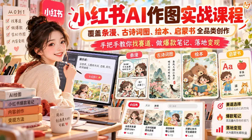 小红书AI作图实战课程，覆盖条漫、古诗词图、绘本、启蒙书全品类创作，手把手教你找赛道、做爆款笔记、落地变现(更新1017)-2爱1学习资源网-伴学无忧