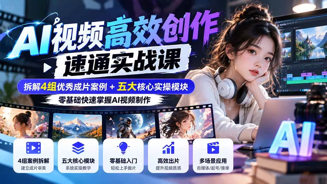 【无水印】AI视频高效创作速通实战课：拆解4组优秀成片案例+五大核心实操模块，零基础快速掌握AI视频制作-2爱1学习资源网-伴学无忧