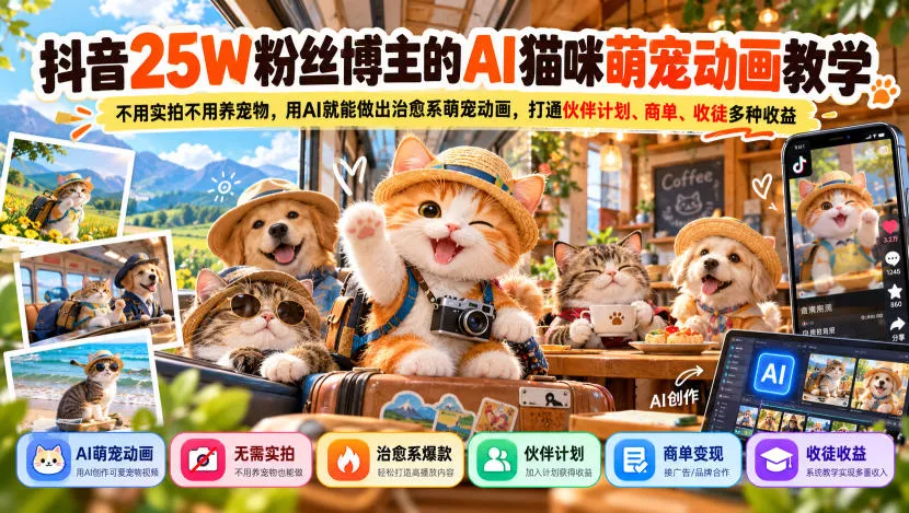 抖音25W粉丝博主的AI猫咪萌宠动画教学,不用实拍不用养宠物,用AI就能做出治愈系萌宠动画,打通伙伴计划、商单、收徒多种收益-2爱1学习资源网-伴学无忧
