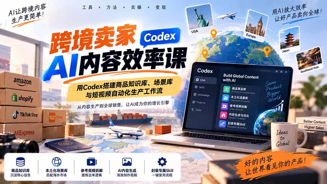 跨境卖家AI内容效率课：用Codex搭建商品知识库、场景库与短视频自动化生产工作流-2爱1学习资源网-伴学无忧