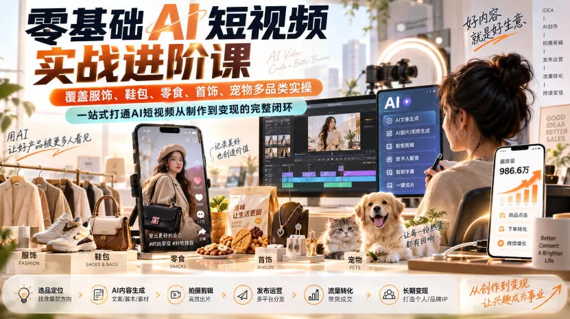 零基础AI短视频实战进阶课，覆盖服饰、鞋包、零食、首饰、宠物多品类实操，一站式打通AI短视频从制作到变现的完整闭环-2爱1学习资源网-伴学无忧