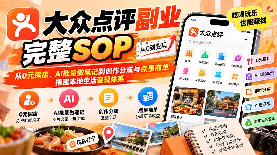 【无水印】大众点评副业完整SOP：从0元探店、AI批量做笔记到创作分成与点星商单，搭建本地生活变现体系-2爱1学习资源网-伴学无忧