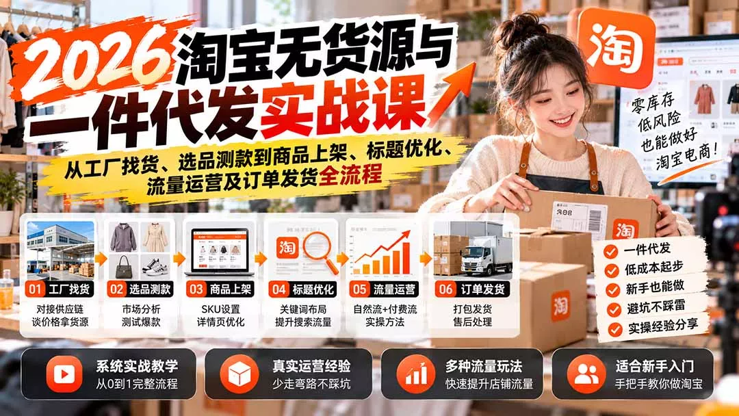 2026淘宝无货源与一件代发实战课：从工厂找货、选品测款到商品上架、标题优化、流量运营及订单发货全流程-2爱1学习资源网-伴学无忧