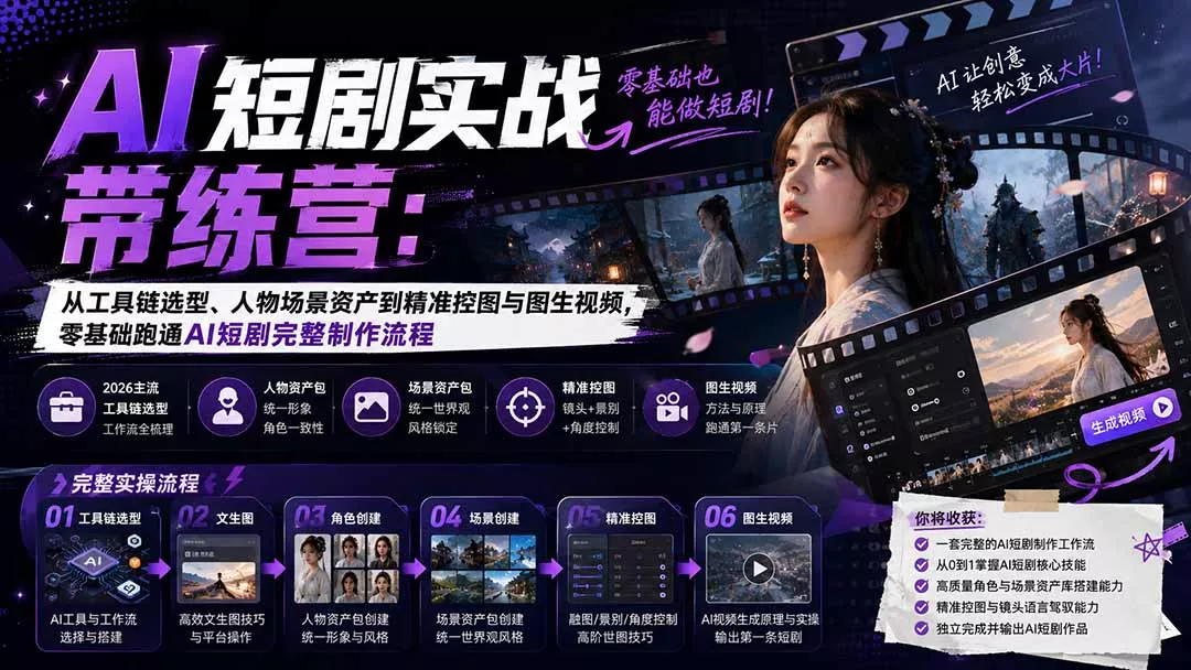 AI短剧实战训练营：从工具链选型、人物场景资产到精准控图与图生视频，零基础跑通AI短剧完整制作流程-2爱1学习资源网-伴学无忧