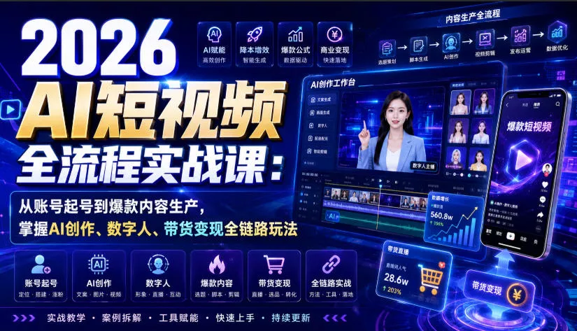 2026 AI短视频全流程实战课：从账号起号到爆款内容生产，掌握AI创作、数字人、带货变现全链路玩法-2爱1学习资源网-伴学无忧