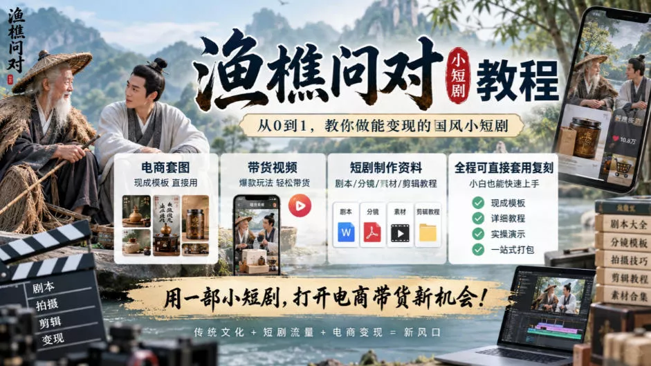 渔樵问对小短剧教程,包含电商套图、带货视频,短剧制作资料,全程可直接套用复刻-2爱1学习资源网-伴学无忧