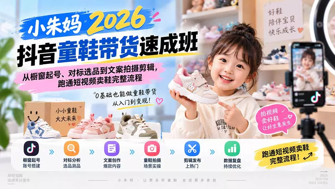 小朱妈2026抖音童鞋带货速成班：从橱窗起号、对标选品到文案拍摄剪辑，跑通短视频卖鞋完整流程-2爱1学习资源网-伴学无忧