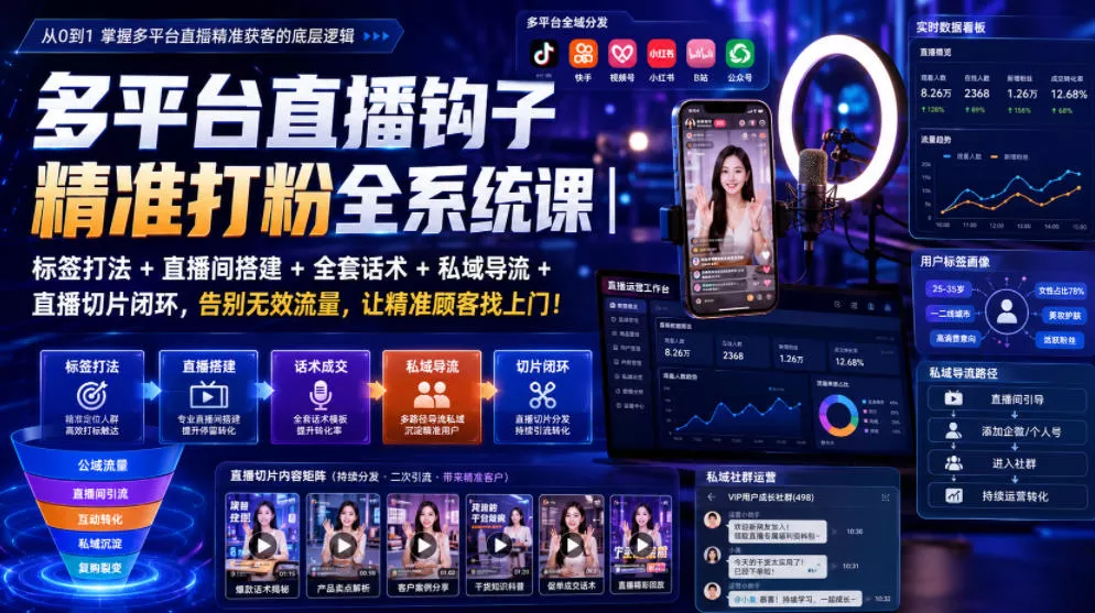 多平台直播钩子精准打粉全系统课｜标签打法+直播间搭建+全套话术+私域导流+直播切片闭环，告别无效流量，让精准顾客找上门！-2爱1学习资源网-伴学无忧