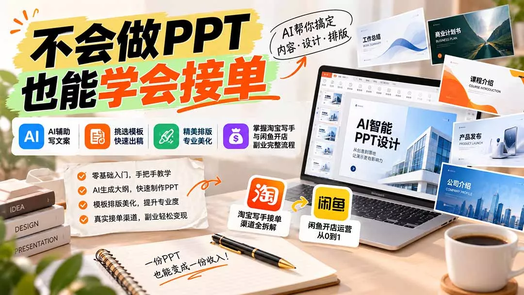 不会做PPT也能学会接单：AI辅助写文案、挑模板、做排版，掌握淘宝写手与闲鱼开店副业完整流程-2爱1学习资源网-伴学无忧
