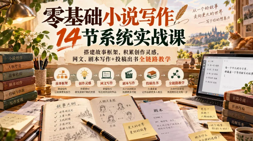 零基础小说写作14节系统实战课，搭建故事框架，积累创作灵感，网文、剧本写作+投稿出书全链路教学-2爱1学习资源网-伴学无忧