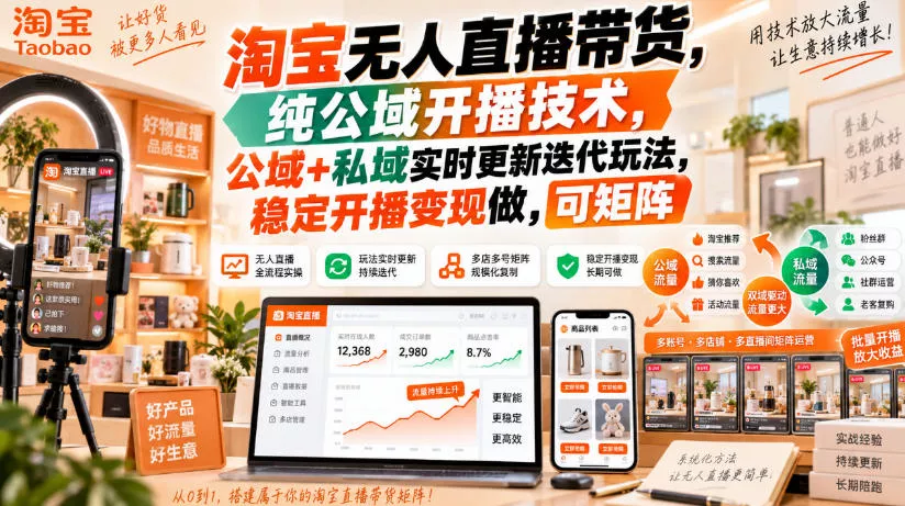 淘宝无人直播带货，纯公域开播技术，公域+私域实时更新迭代玩法，稳定开播变现做，可矩阵【揭秘】-2爱1学习资源网-伴学无忧
