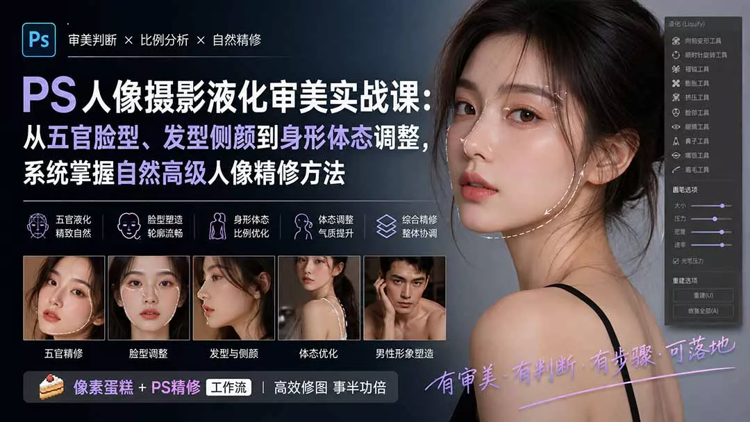 PS人像摄影液化审美实战课：从五官脸型、发型侧颜到身形体态调整，系统掌握自然高级人像精修方法-2爱1学习资源网-伴学无忧