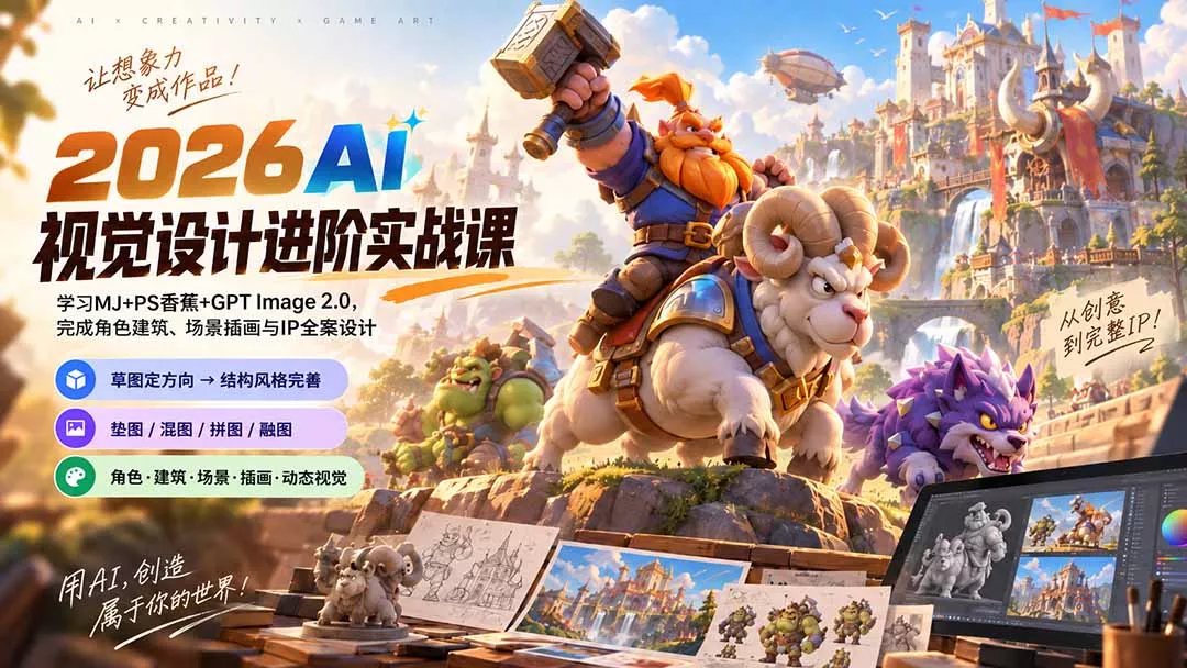 2026AI视觉设计进阶实战课-更新：学习MJ+PS香蕉+GPT Image 2.0，完成角色建筑、场景插画与IP全案设计-2爱1学习资源网-伴学无忧
