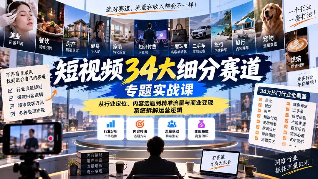 短视频34大细分赛道专题实战课：从行业定位、内容选题到精准流量与商业变现，系统拆解运营逻辑-2爱1学习资源网-伴学无忧