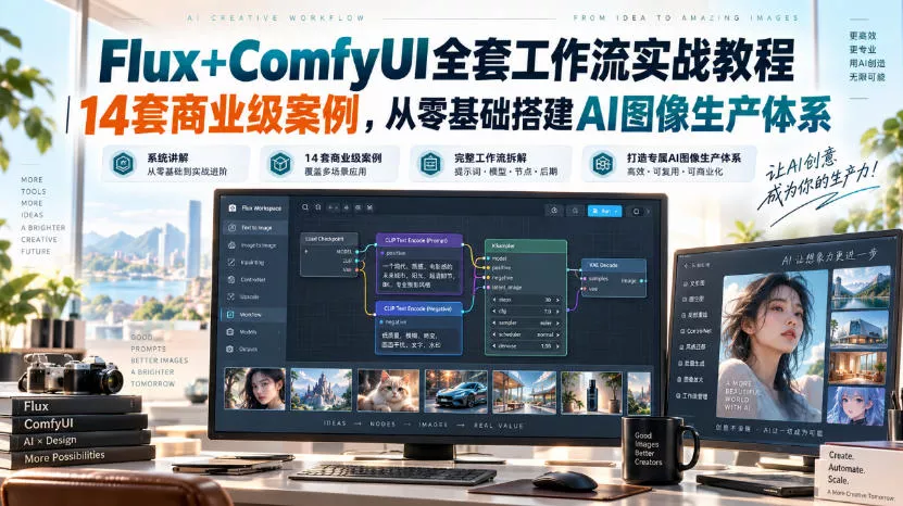 Flux+ComfyUI全套工作流实战教程|14套商业级案例,从零基础搭建AI图像生产体系-2爱1学习资源网-伴学无忧