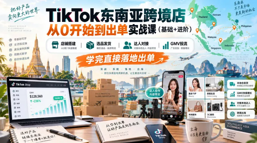 TikTok东南亚跨境店从0开始到出单实战课(基础+进阶),店铺搭建、选品发货、达人对接、GMV投流,学完直接落地出单 TikTok东南亚跨境店从0开始到出单实战课(基础+进阶),店铺搭建、选品发货、达人对接、GMV投流,学完直接落地出单